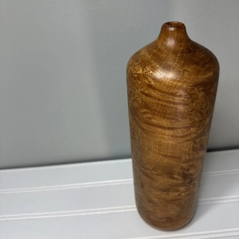 Vintage Hand Turned Maple Wood Weed Pot Bud Vase 10.25” Figured Burl Signed GRF